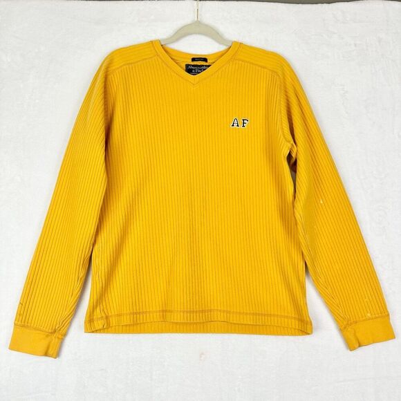 Vintage Abercrombie & Fitch Y2K Muscle Ribbed Sweater Size Large Yellow V-Neck - Picture 1 of 9